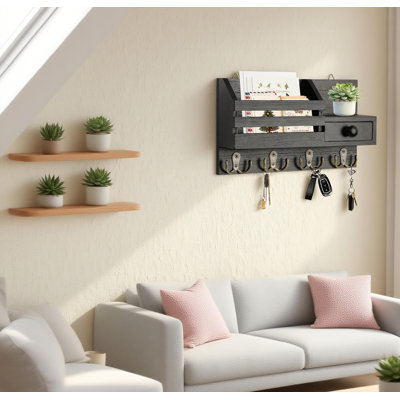 Porte-clés mural avec organisateur de courrier, tablette en bois, 8 crochets et tiroir, options d'installation double