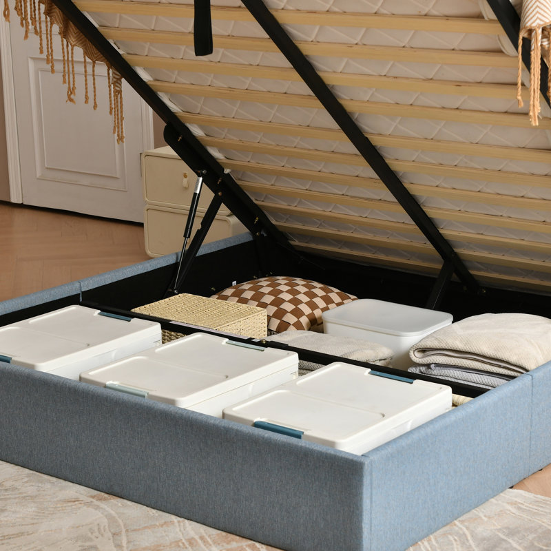 Lit plateforme tapissier avec rangement Montel, Bleu lac, Double