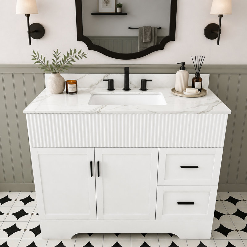 Ensemble meuble-lavabo moderne de 109 cm (43 po) avec comptoir en marbre artificiel, armoire cannelée avec portes et tiroirs à fermeture amortie, panneau MDF avec finition peinture à base d'eau, 3 trous pour robinetterie, lavabo inclus