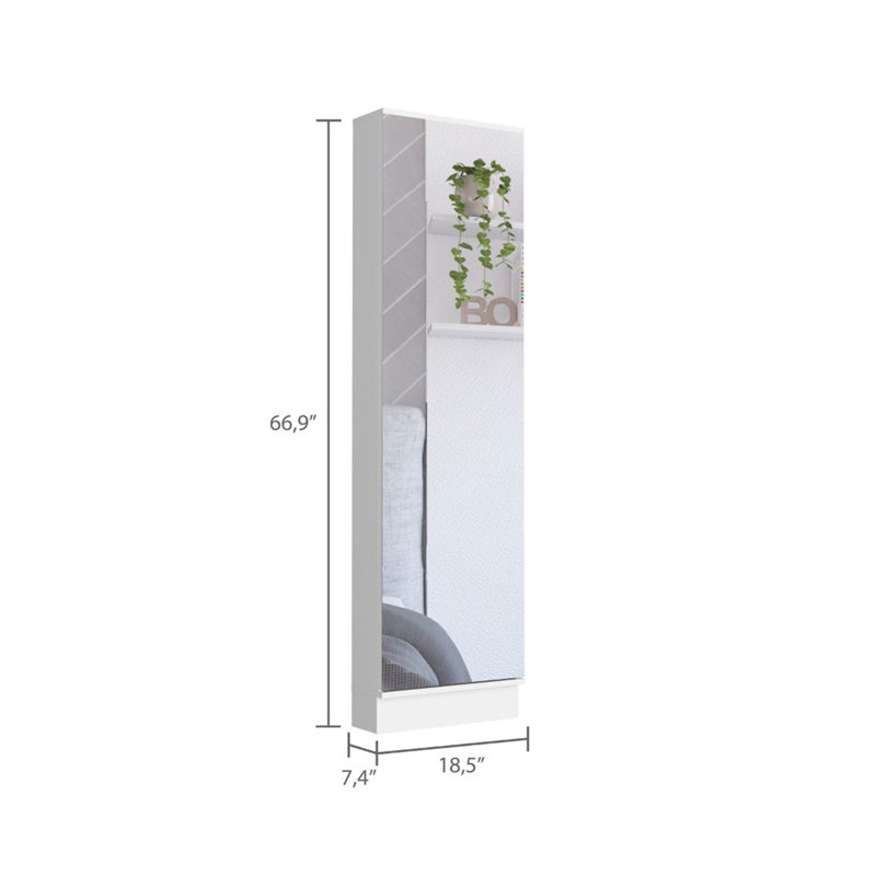 Range-chaussures, miroir, cinq tablettes intérieures, armoire à une porte, Blanc