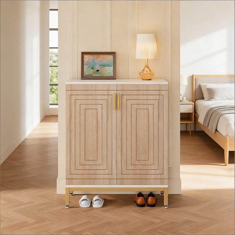 Rangement à chaussures durable, armoire à chaussures spacieuse, armoire à chaussures d'entrée, Blanc / naturel / or