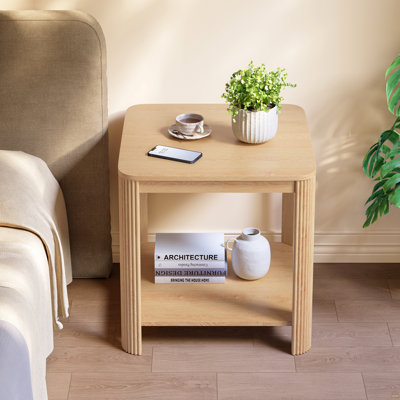 Table de bout d'angle arrondie avec pieds à grain vertical, table d'appoint Boho à 2 niveaux, table de chevet carrée de 22,1 po pour les petits espaces, pour le salon, la chambre à coucher, le bureau personnel, le chêne.