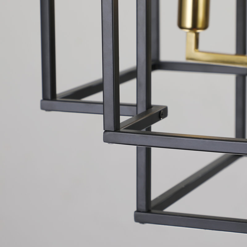 8-Light Black Geometric Cage Chandelier, Adjustable Height, Black Gold