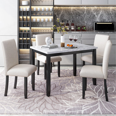 5-Piece Dining Set Table With 4 Thicken Cushion Dining Chairs Home Furniture, White+Black