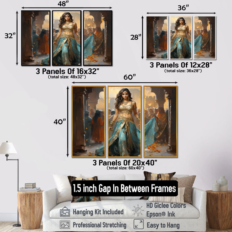 «Blue and Gold Belly Dancer - Dance», art mural, H 28 po x l 36 po, Cadre flottant brun