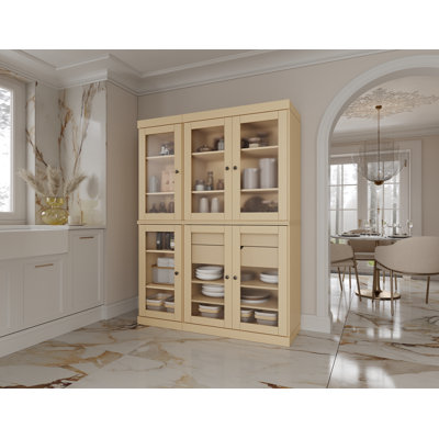 Garde-manger 100% bois massif 48,5 po avec portes en verre givré, 2 tiroirs et tablettes réglables