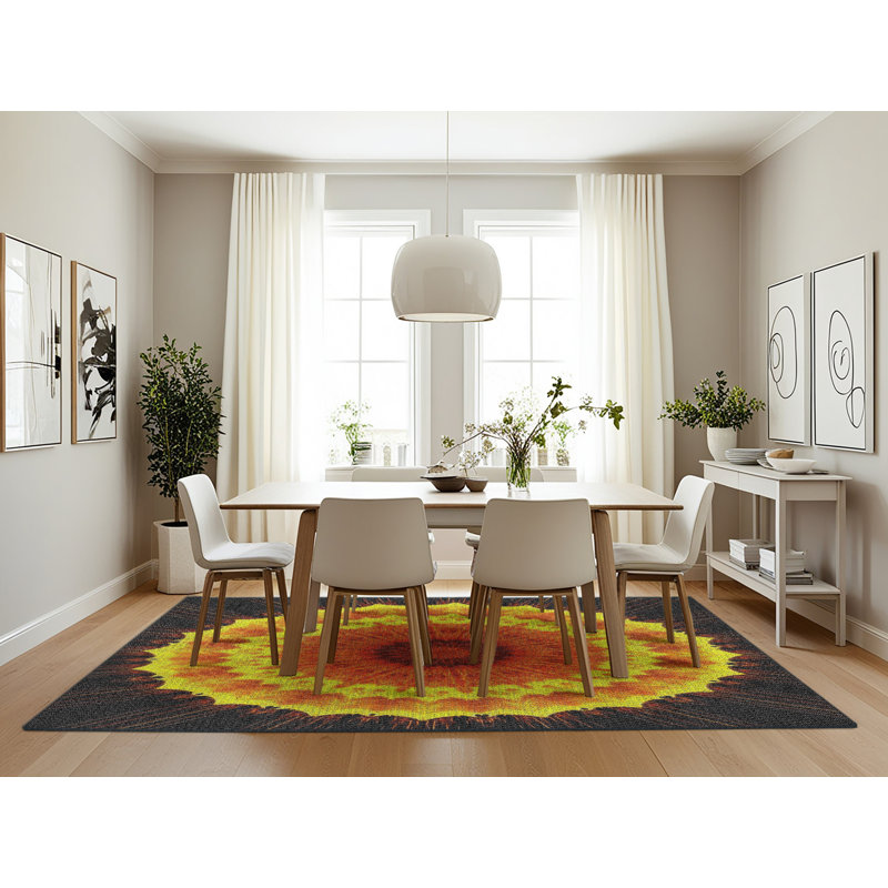 Tapis noir/jaune/orange tissé à la machine, Rectangle 7 pi x 10 pi