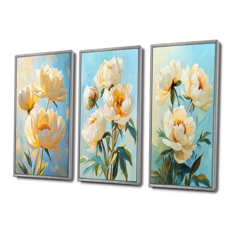 Vintage rétro pivoines ensoleillées I - Collection d'art mural grand pivoines, H 28 po x l 36 po, Argent argent