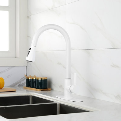 White Stainless Steel Kitchen Faucet, Pull-Out Spray For Practical Use, 360 Rotatable Nozzle, Two Water Output Settings, Easy Single Operation Modern Faucet With Steel, Pull Out Function
