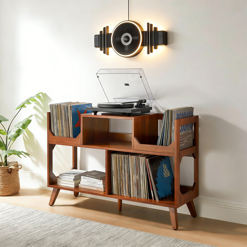 Mid-Century Modern Media Console Record Player Stand, Vinyl Storage, Large, Walnut