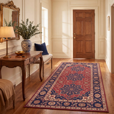 Tapis Myrtle Traditional Medalle de style persan, bleu marine, orange, or, vert, crème, ivoire, lavable à la machine, antidérapant, à poils courts, idéal pour l'intérieur et l'extérieur, adapté aux animaux de compagnie, pour salon, chambre, salle à manger, entrée, couloir, bureau