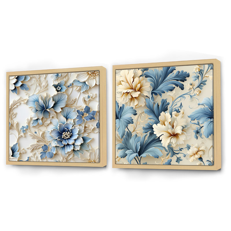Felicien - Ensemble de 2 collages floraux carrés, Cadre flottant brun, H 36 po x l 73 po