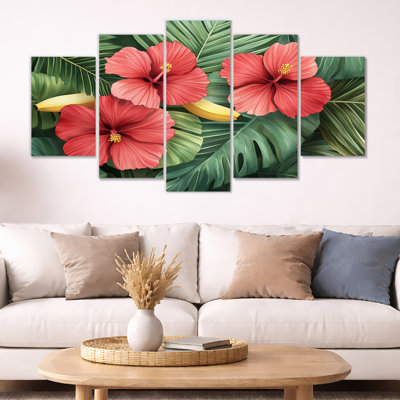 Art mural hibiscus, toile fleur tropicale, hibiscus tropical et panneau de 5 palmiers