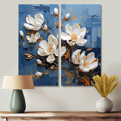 Magnolia bleu et blanc en fleurs - art mural traditionnel beige