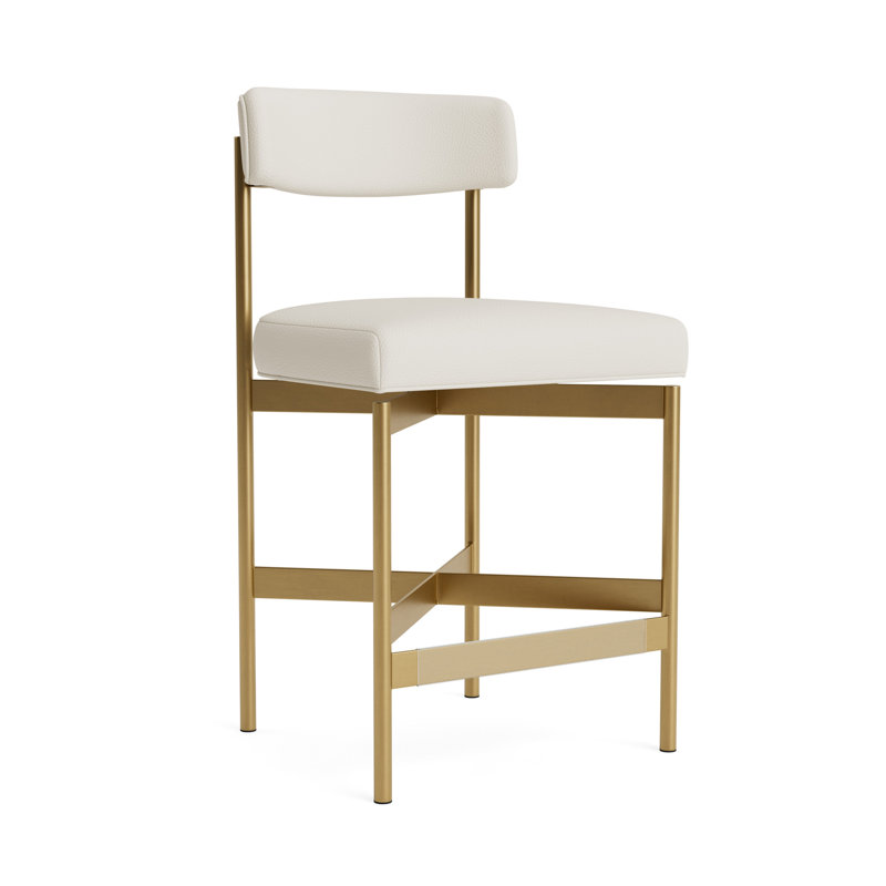 Remy Leather Bar Stool, Counter Stool (25” Seat Height), Greenwich Performance Leather - Cream, Brushed Brass