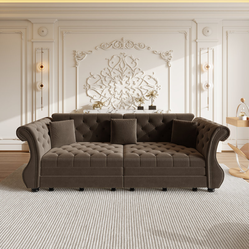 Canapé-lit convertible en velours de 97,6 po, Brun, H 34,62 po x l 97,62 po x P 32,72 po