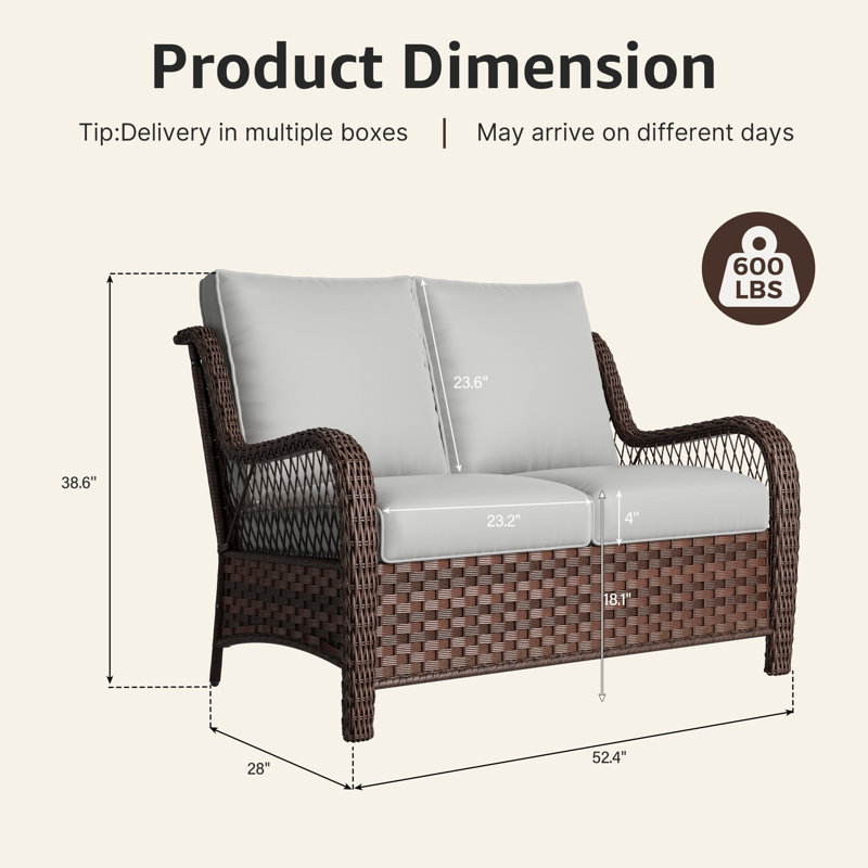 Fauteuil d'extérieur à deux places en rotin de qualité supérieure avec coussins, Gris clair