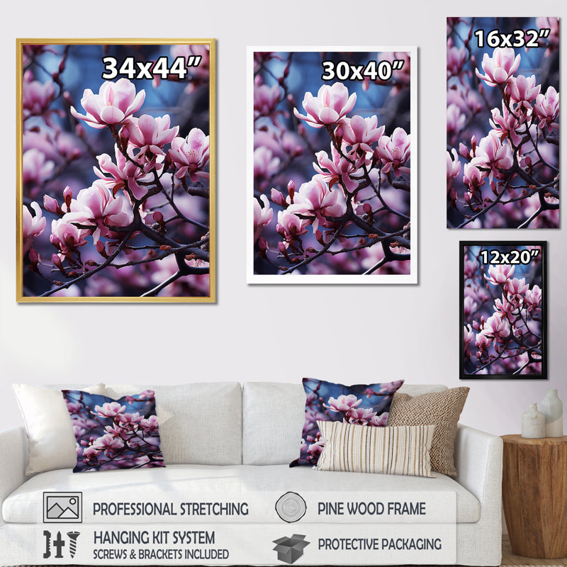 Magnolias mauves mystiques, impression sur toile, Cadre photo argenté, H 44 po x l 34 po x P 1,5 po