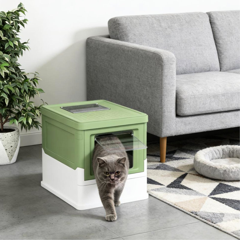 Bac à litière pour chat entièrement fermé à l'avant avec entrée, intérieur spacieux, tirette pour le remplissage, porte de toit grimpante, polypropylène blanc L 18,75 po x l 14 po H, livré avec une boîte et une entrée par le haut, facile