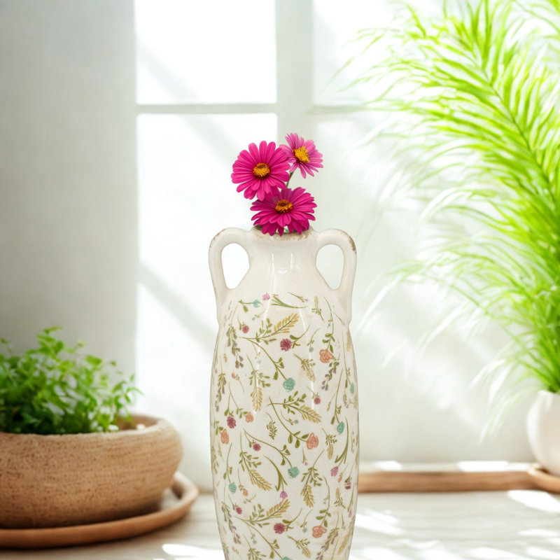 Vase en céramique 6 x 6 x 15,5 po avec motifs floraux multicolores
