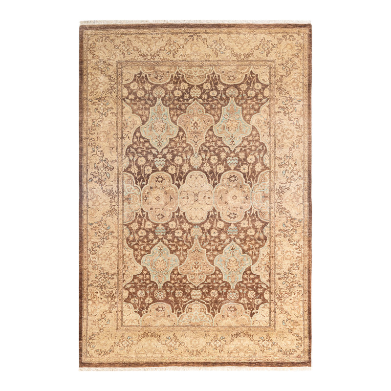 Tapis unique noué à la main brun / beige Vincy Mogul, 4 pi 1 po x 6 pi 1 po