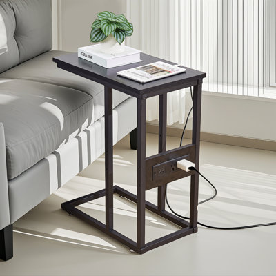 C Shaped End Table with Charging Station, Side Table with USB Ports & Outlets, Sofa Table, Coffee Table, Snack Table, Bedside Nightstand for Living Room & Bedroom