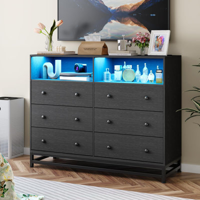 Commode 6 tiroirs avec lumières DEL et prise de courant, meuble de rangement pour meuble télé en bois pour chambre à coucher