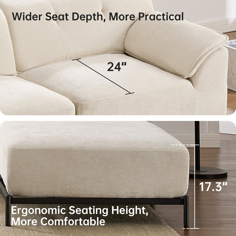 106.3" L-shape Sectional Sofa with Ottoman, Beige Chenille