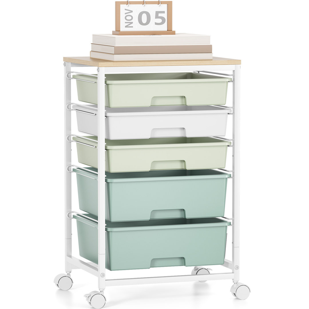 Utility Cart with 5 Drawers,Storage Drawer Cart with Wooden Tabletop and Lockable Wheels,Craft Storage Trolley Cart,Metal Rolling Cart