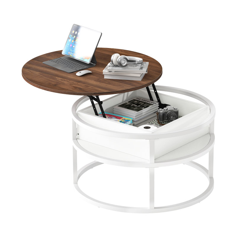 Lift Top Round Coffee Table with Storage, White, Wood, Espresso Wood