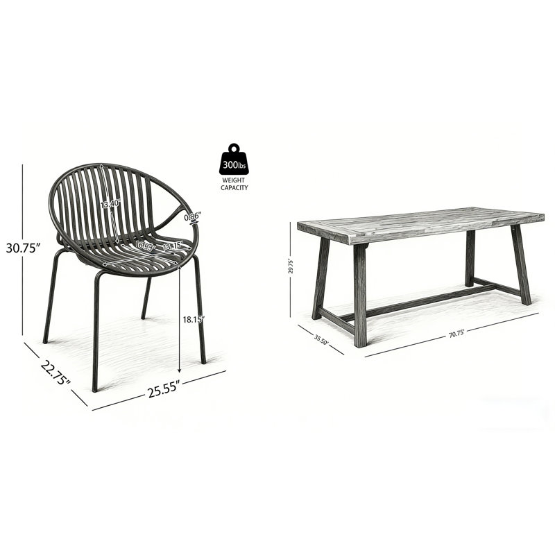 Ensemble de salle à manger d'extérieur moderne 7 pièces avec chaises empilables et table en bois d'acacia durable, Black