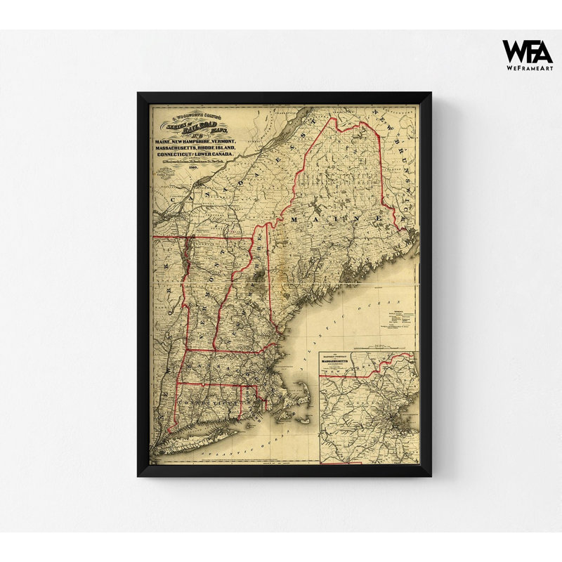 Maine, New Hampshire, Vermont, Massachusetts, Rhode Island, Connecticut et Bas-Canada 1860, Canada antique, art mural, Massachusetts
