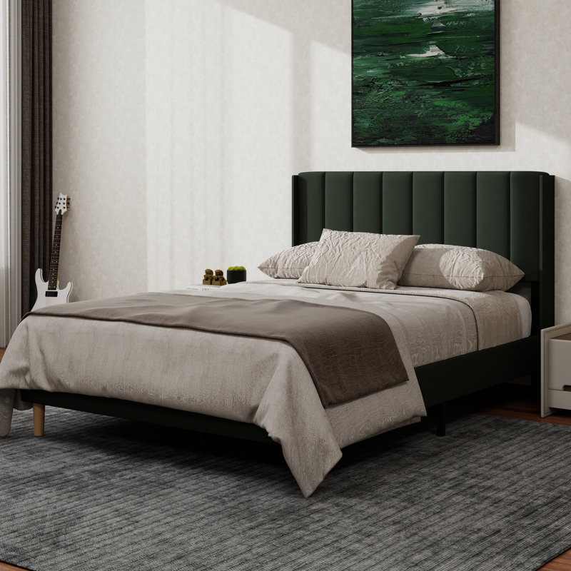 Structure de lit plateforme tapissier avec oreilles, Lit double, Noir