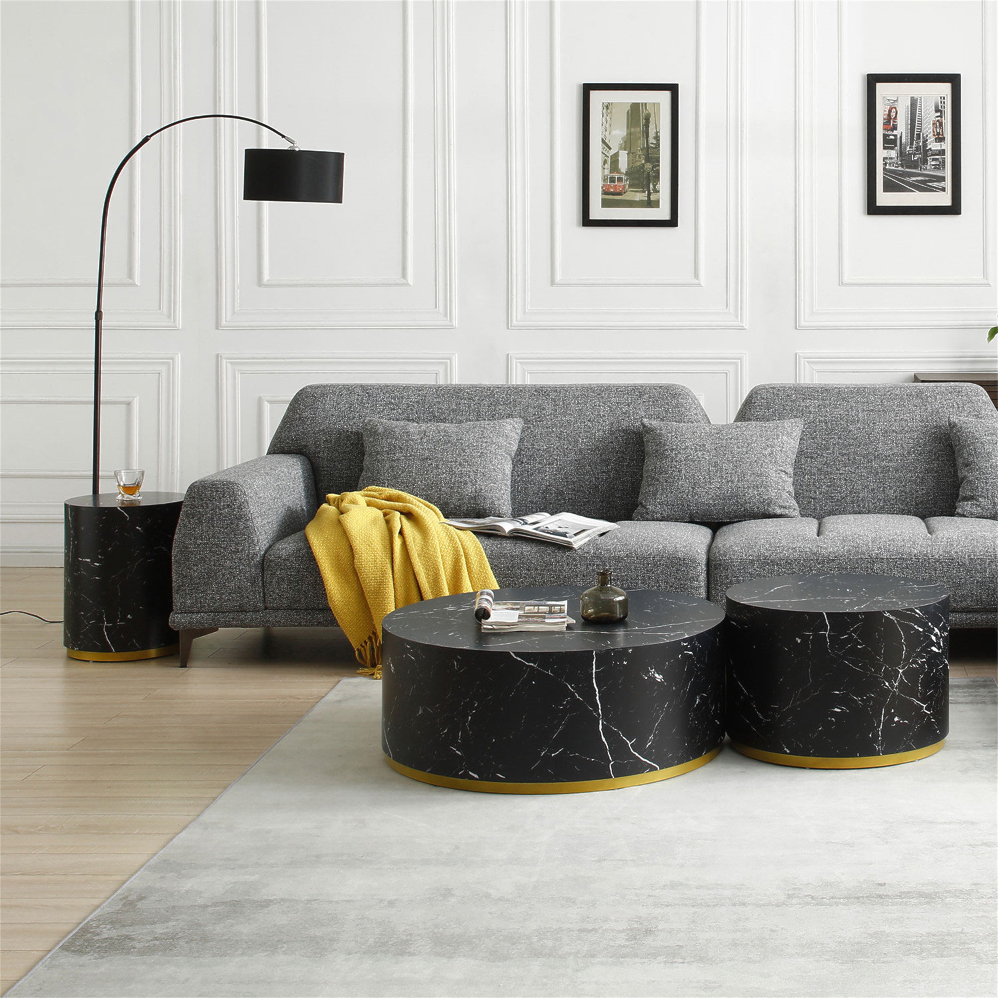 HLILish Set Of 3 Black Marble Pattern Round Coffee Table Side Table End ...