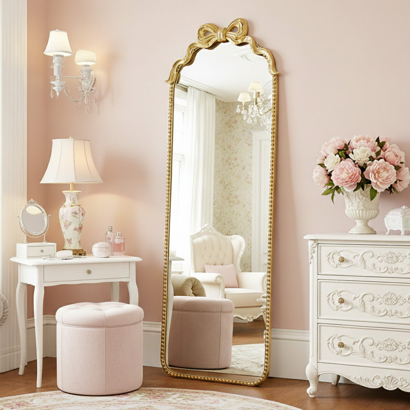Miroir de plancher arqué antique antique de style baroque avec accent d'arc (61 po x 22 po), 61 po x 22 po