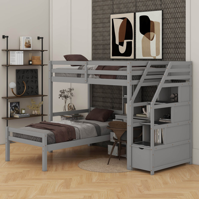 Lit mezzanine simple avec lit autonome, escalier de rangement, bureau, tablettes et tiroirs, Gris