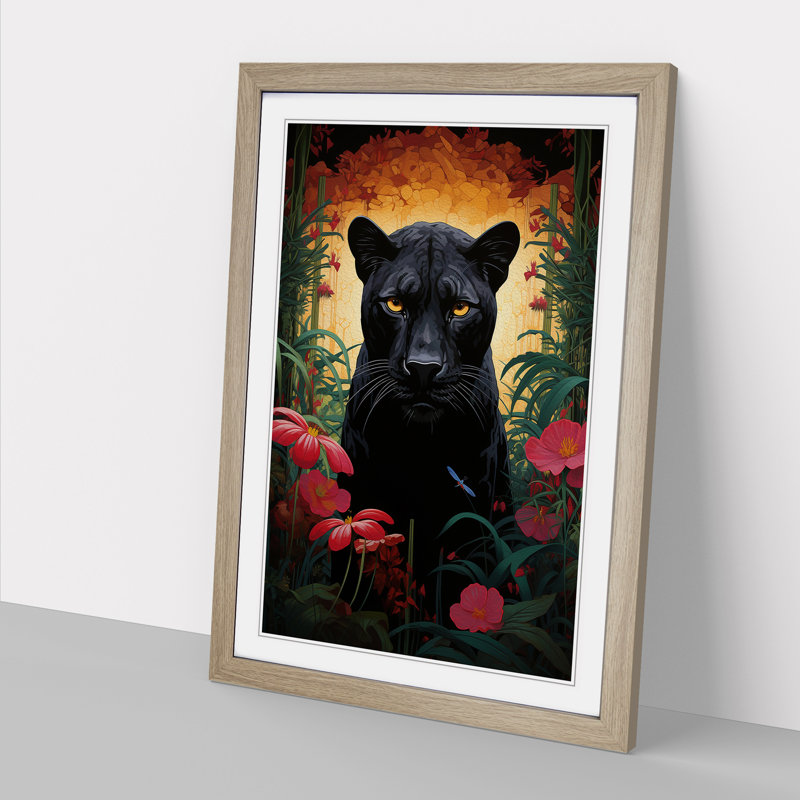 Panther Art Deco - Single Picture Frame Print on Wood, 46cm H x 34cm W x 2cm D, Oak Framed