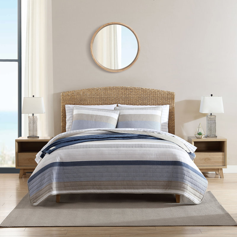 Nautical Blue and Beige Cotton King Quilt Set