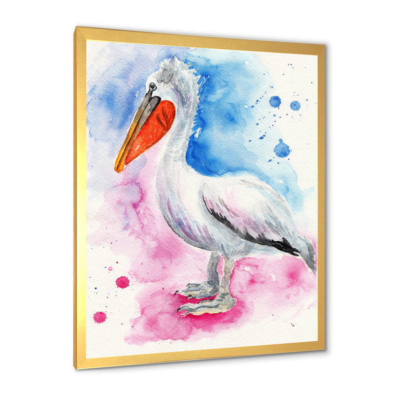 Pélican bleu et rose, Impression dorée sur toile encadrée, H 32 po x l 16 po x P 1 po