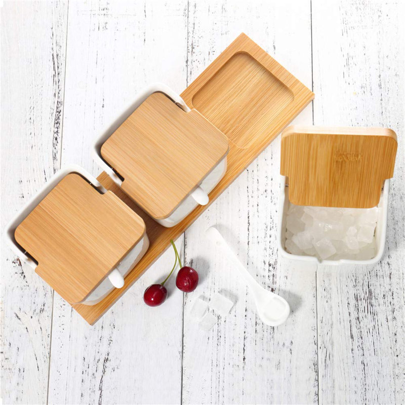 Porcelain Sugar Bowl Condiment Jar-Ceramic Flip Top Spice Container With Bamboo Lids And Spoons,For Kitchen Home