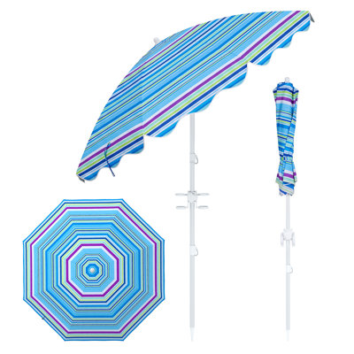6.5 FT Beach Umbrella with Tilt & Sand Anchor, UPF 50+ Sun Protection, Cup Holders Blue Stripe