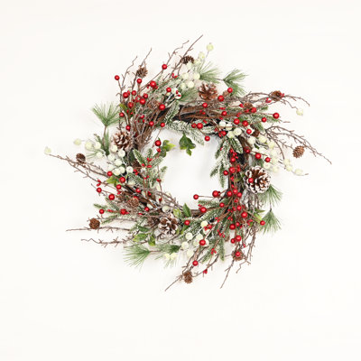 22" Artificial Farmhouse Twig Blossom Cluster Faux Pine Branches Berry Pinecone Christmas Day Winter Wreath For Front Door