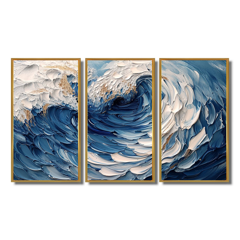 Daijanay - Ensemble d'art mural vagues côtières, Cadre flottant doré, H 40 po x l 60 po x P 1 po