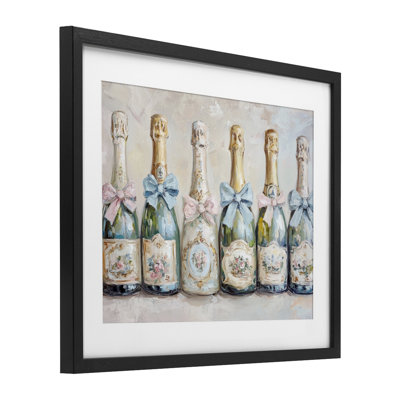 Victorian Bow Champagne Bottles Framed Print Under Glass, design by Petal Prints Design