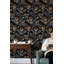 Papier peint floral, murale noire, décoration murale dorée
