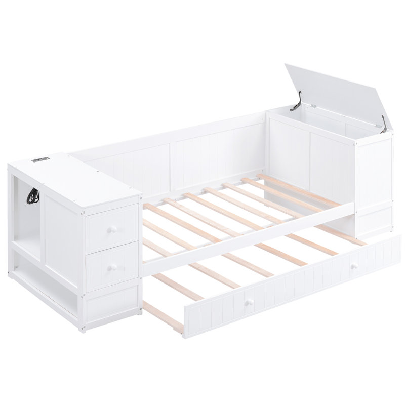 Twin Size Daybed With Storage Compartments, Trundle & Electrical Charging - White Solid Wood Storage, Power Finish, White
