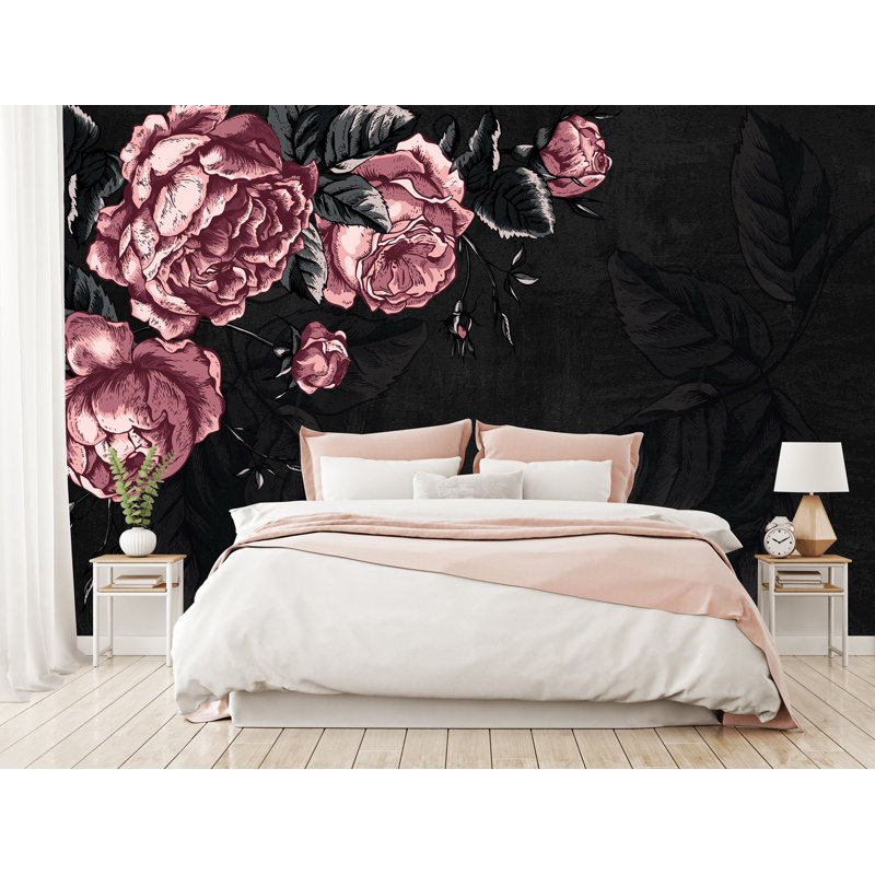 Papier peint texturé amovible avec fleurs et pivoines foncées, l 204 po x L 114 po