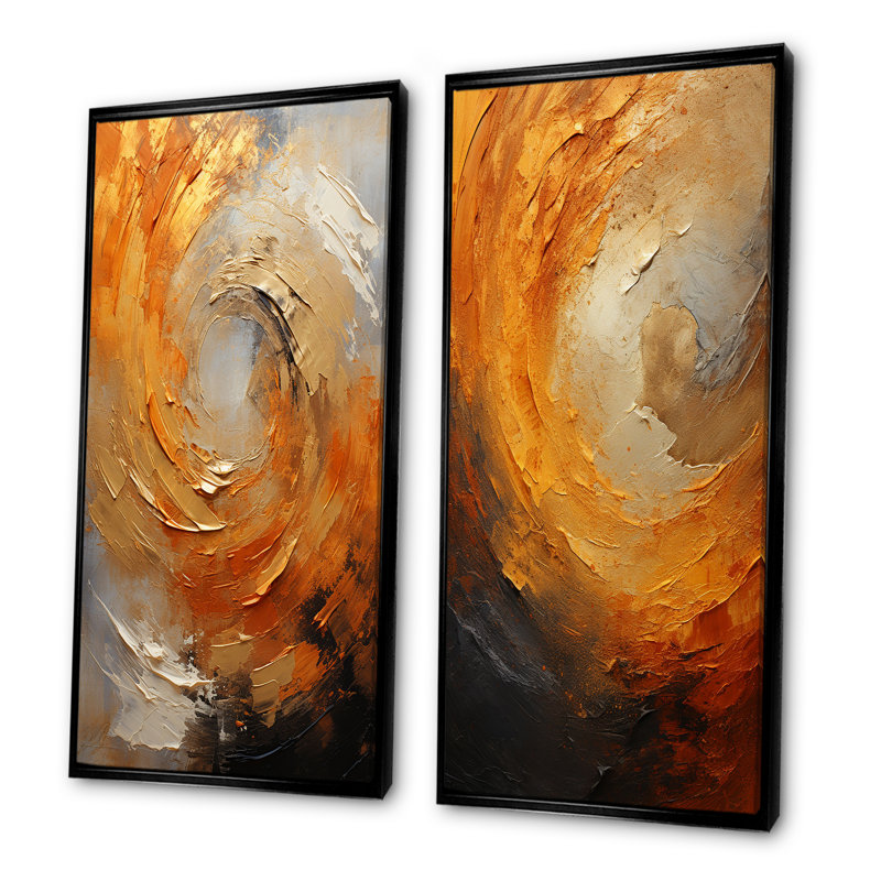 «Gold Orange Desert Mirage Spiral», ensemble d'art mural sur toile à spirales abstraites, Cadre noir, H 40 po x l 41 po