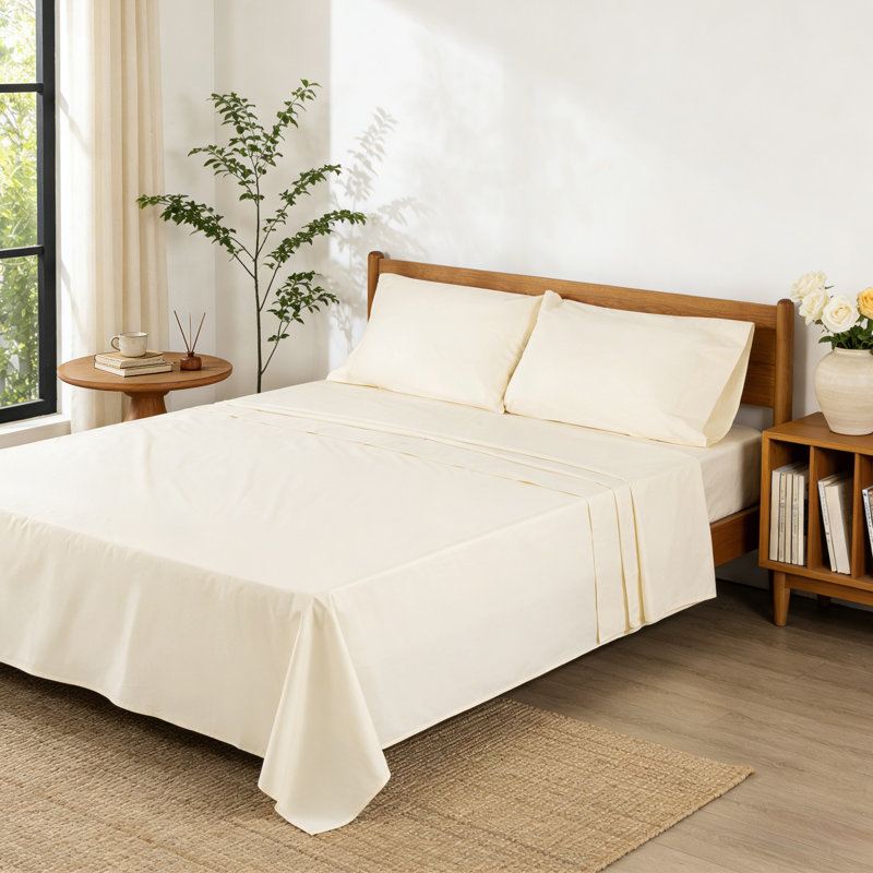 Ensemble de draps 100% coton 250 TC Percale, Ensemble de draps pour grand lit avec 2 taies d'or, Ivoire ivoire
