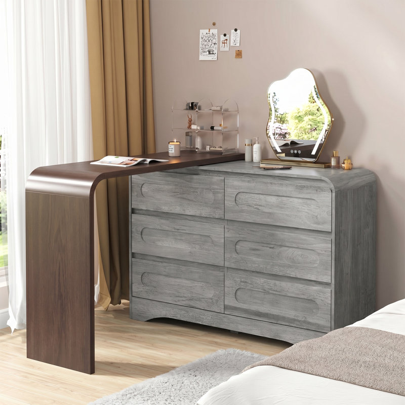 Commode 6 tiroirs avec bureau de coiffeuse convertible Modern, gris, Grey